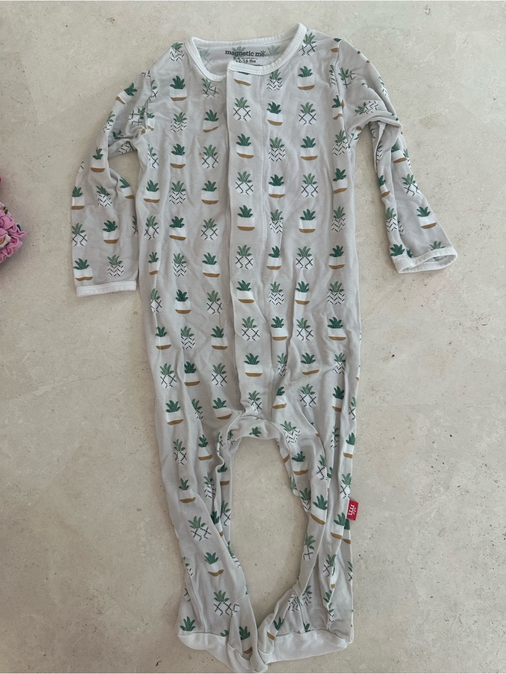 Magnetic Me Gray and Green Plant-Print Organic Cotton Footie